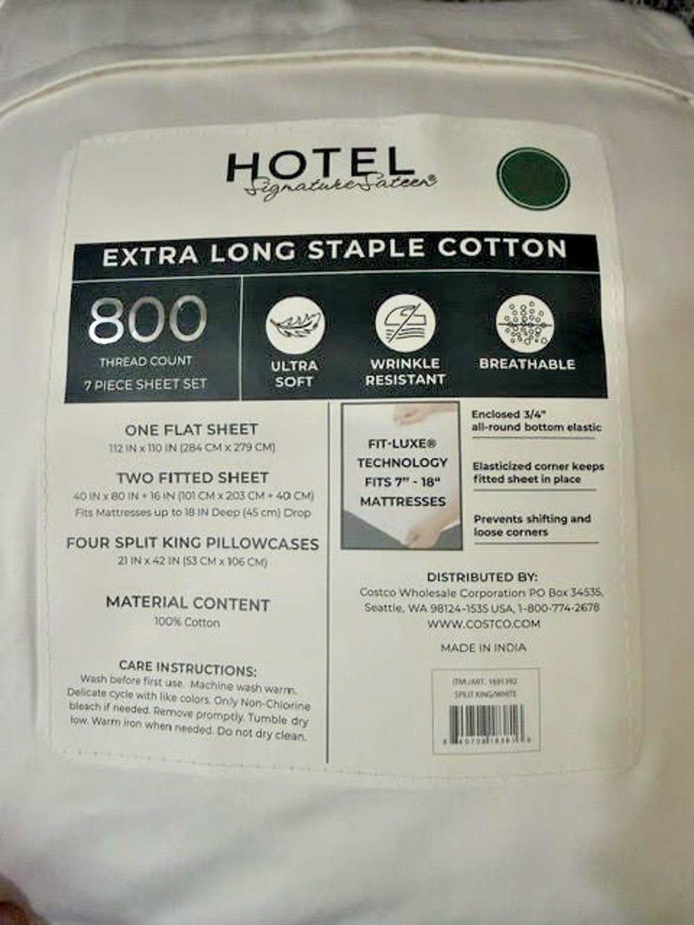 Hotel Signature Sateen 800TC 100% Cotton 7pc Sheet Set SPLIT KING White New